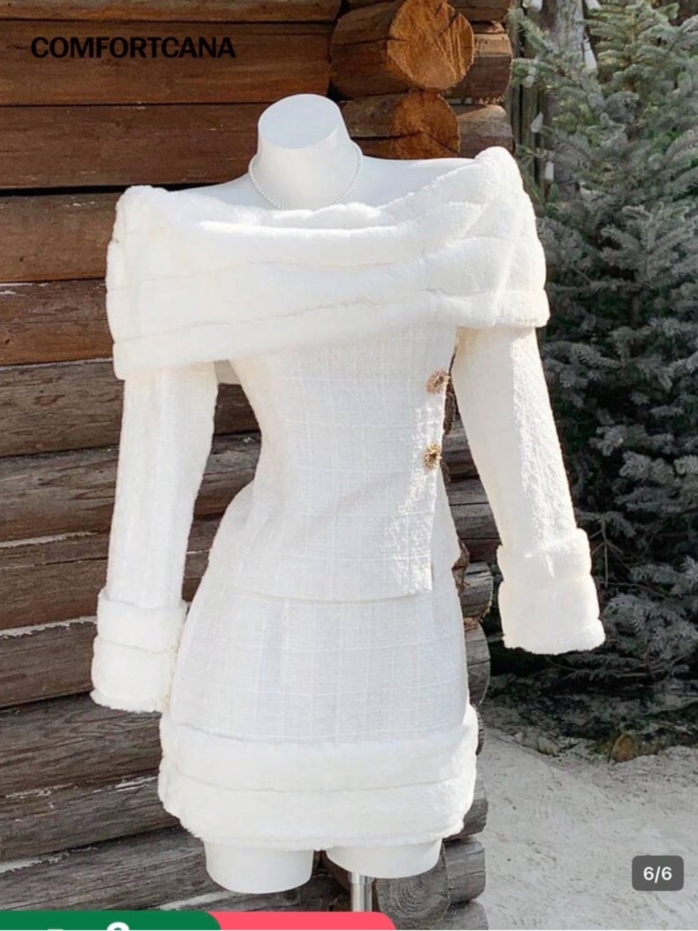 White Faux-Fur Trim Tweed Mini Skirt and matching top - Picture 6 of 6